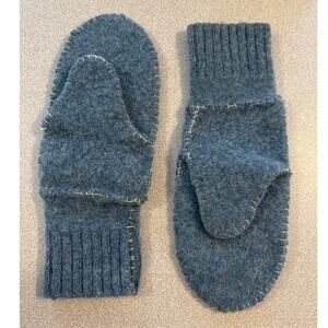 Handmade Upcycled Repurposed Blue Felted Wool Mittens With Blanket Stitching